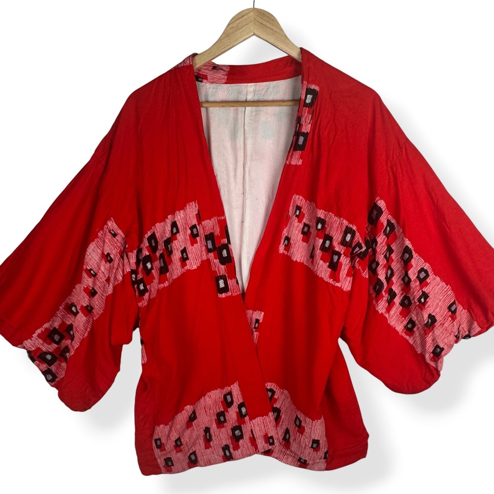Kimono Jacket Adult Size Large Red Geometric Avant Garde Wearable Art Eclectic